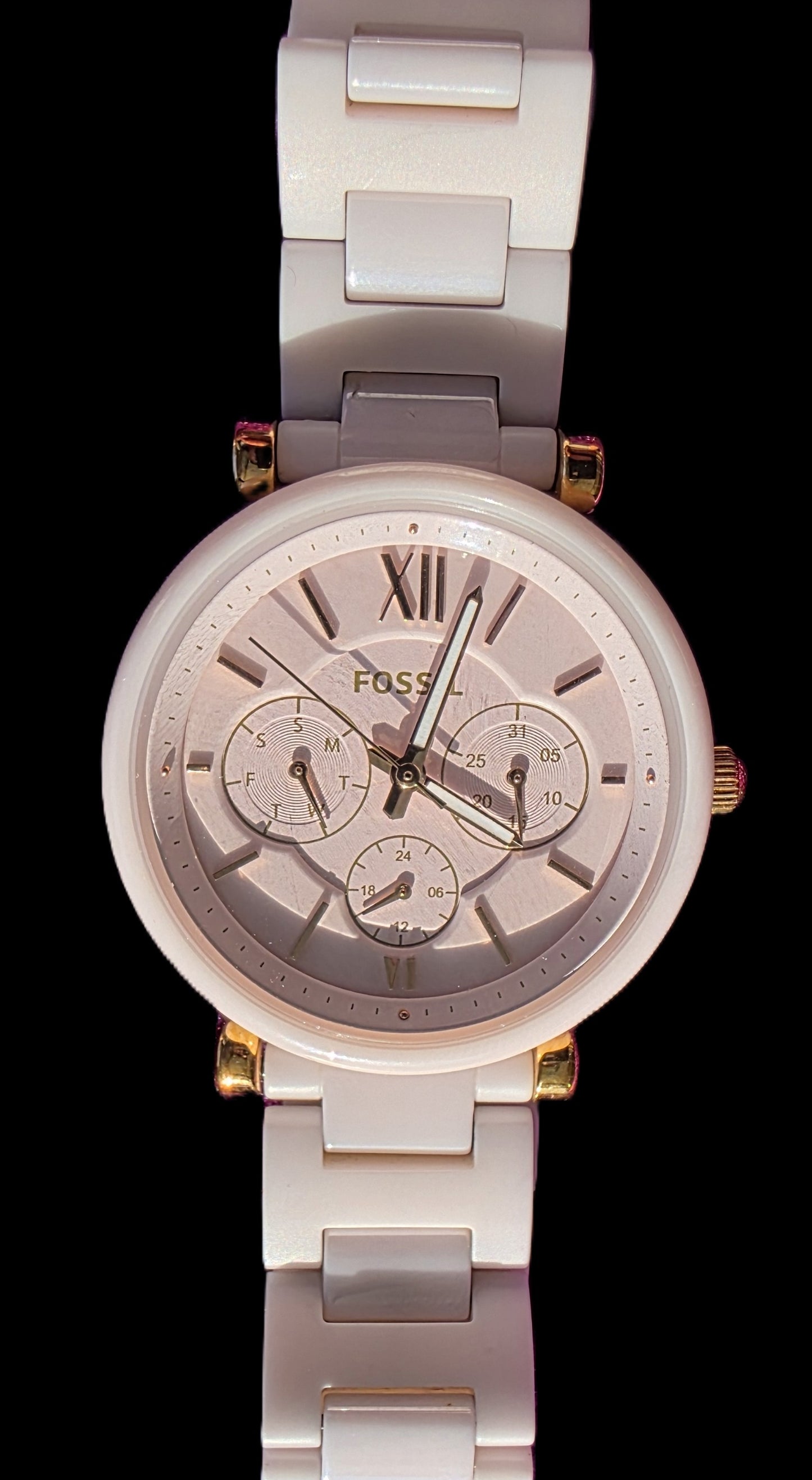 Fossil Women's Carlie Pink Round Ceramic Watch - CE1102