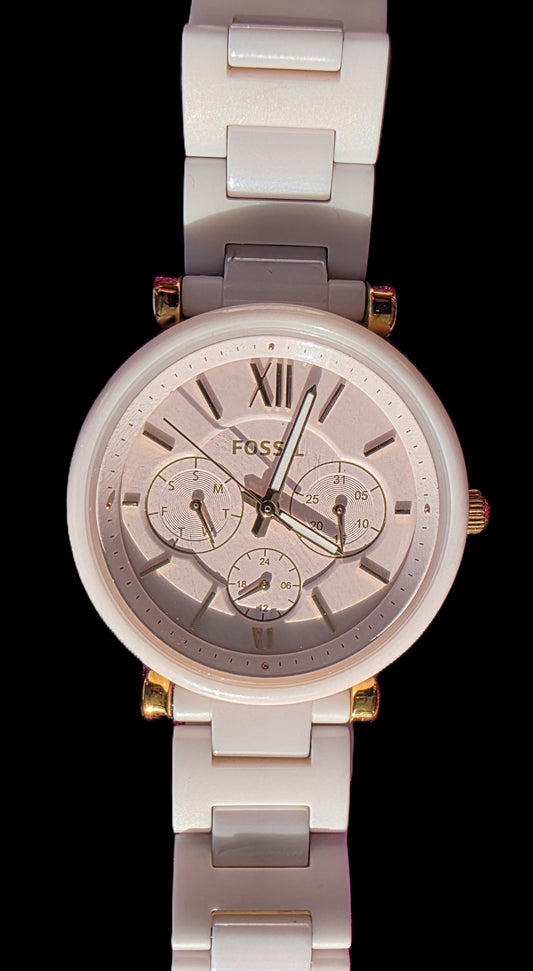 Fossil Women's Carlie Pink Round Ceramic Watch - CE1102